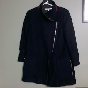DKNY wool black with red and green winter coat with silky lining.